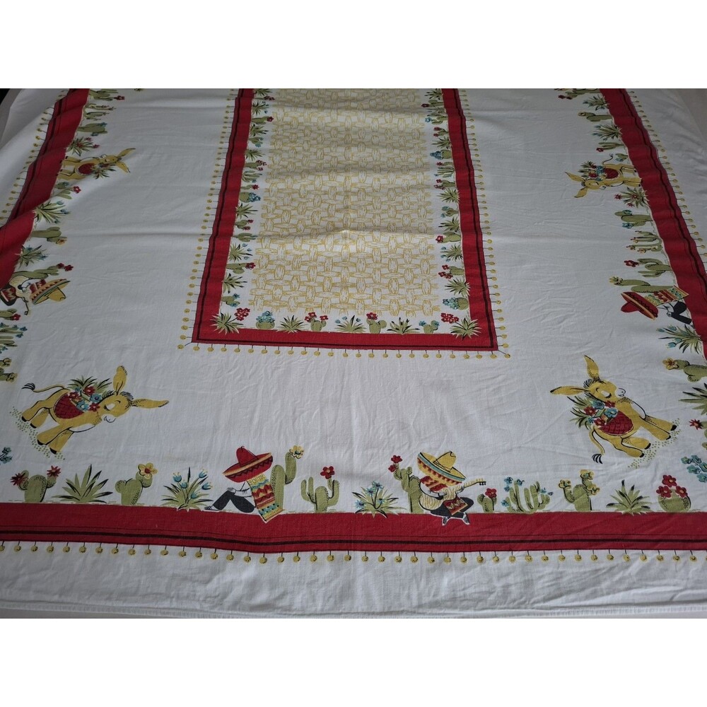 Vtg Estate Mexican Theme Tablecloth or Topper 53 x 56" Donkey Festive MCM VGC